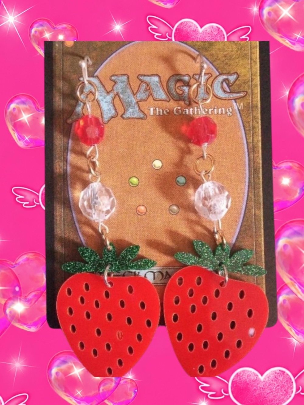 Strawberry Dangle Earrings with Red and Green Accents